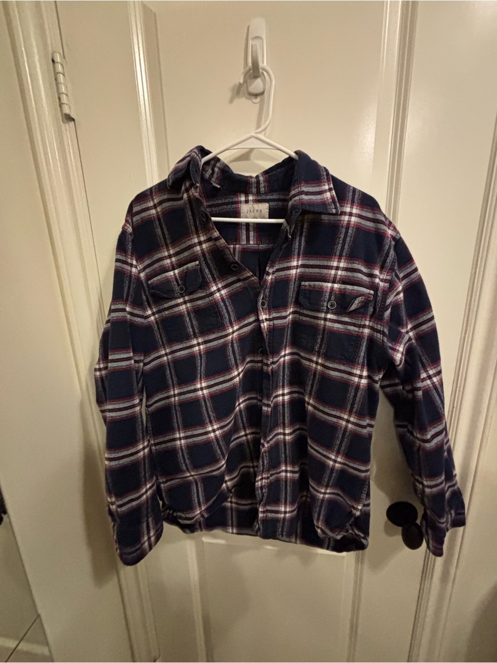 JACHS Men’s L Navy Burgundy Plaid Flannel Shirt 100% Cotton Button Up Outdoors